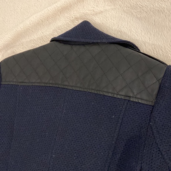 GUESS Navy & Black Wool Trench Coat with faux Leather & Zipper Detail - Picture 7 of 10